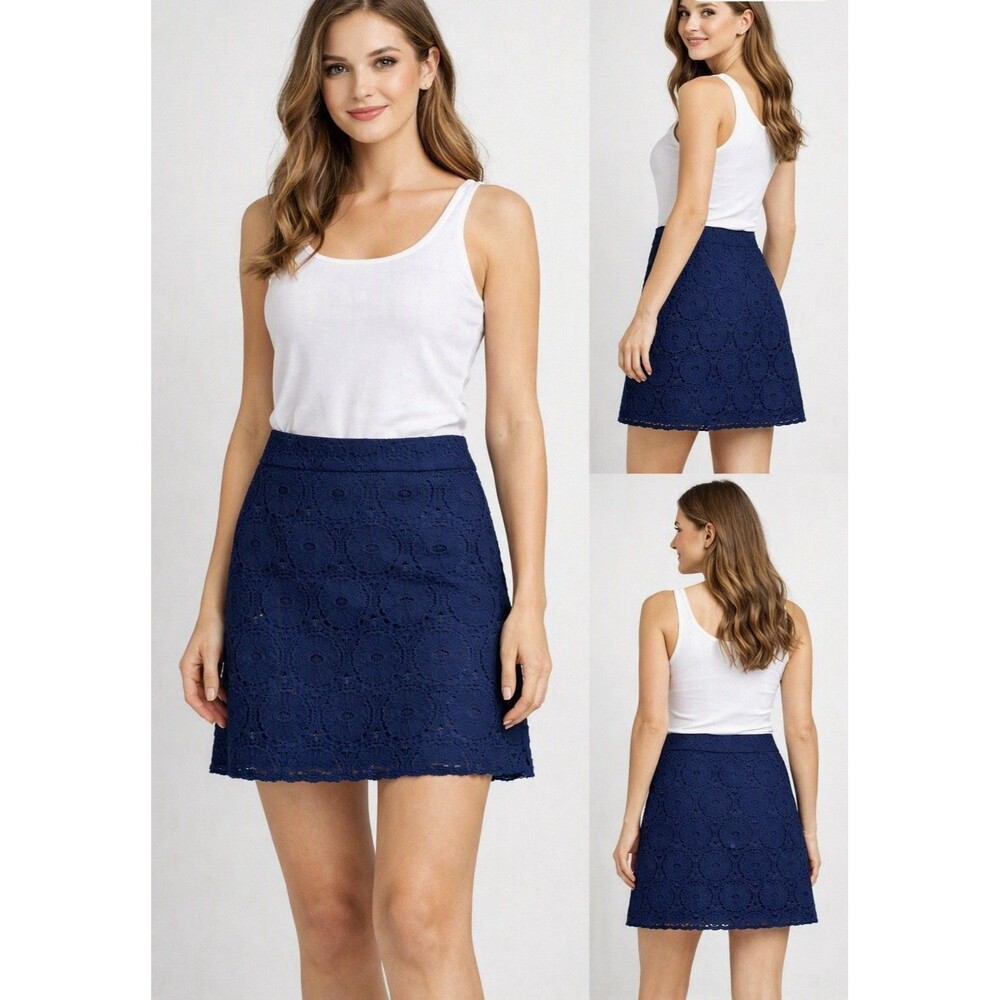 Navy Lace A‑Line Skirt Floral Overlay Lined Classic Romantic Coquette M